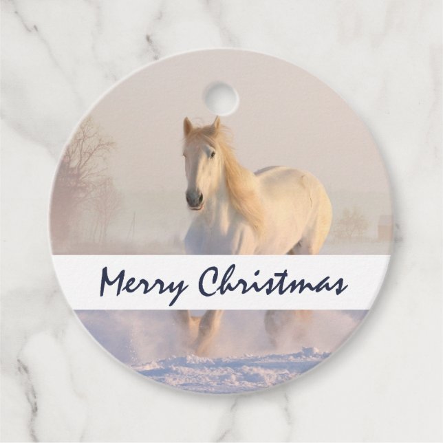 Schönes Weißes Pferd Galopp im Schnee Weihnachten Geschenkanhänger (Vorderseite)