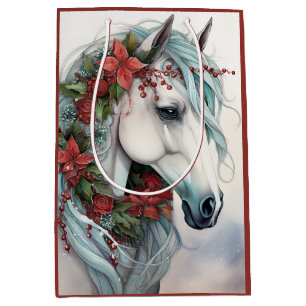 Schönes Weißes Pferd mit roten Blume Weihnachten Mittlere Geschenktüte