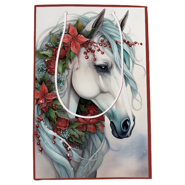 Schönes Weißes Pferd mit roten Blume Weihnachten Mittlere Geschenktüte (Vorderseite)