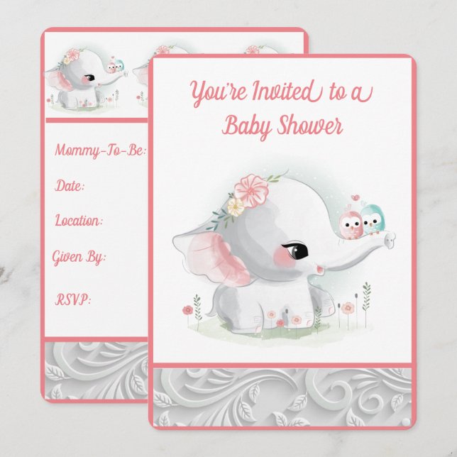Schönes White Baby Girl Elephant Einladung (Vorne/Hinten)