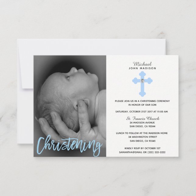 Schönes White Cross Boy FOTO Christening Einladung (Vorderseite)