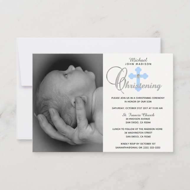 Schönes White Cross Boy FOTO Christening Einladung (Vorderseite)