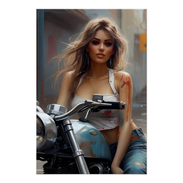 schönheit auf dem Motorrad kunstwerk Poster (Vorderseite)