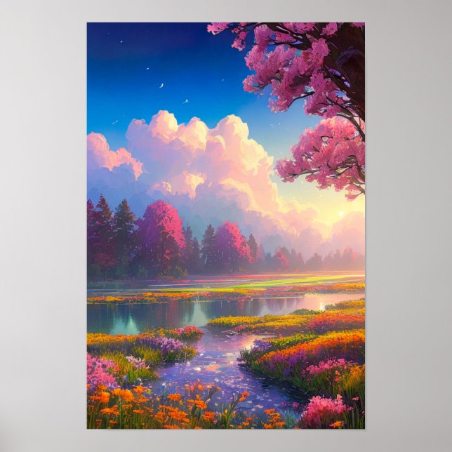Schönheit des Alten Flusses und farbenfrohe Flora Poster (Vorne)