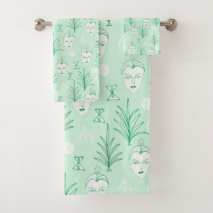 Schönheit Faces botanisches Muster Minze Grün Badhandtuch Set