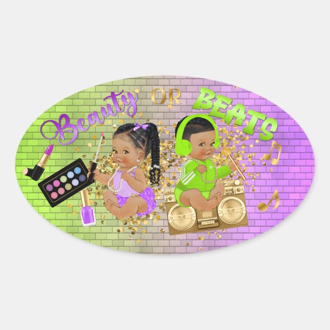 Schönheit oder Beats Green Lila Gold Gender Reveal Ovaler Aufkleber (Vorderseite)