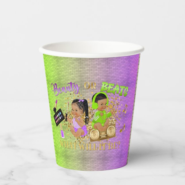 Schönheit oder Beats Green Lila Gold Gender Reveal Pappbecher (Vorderseite)