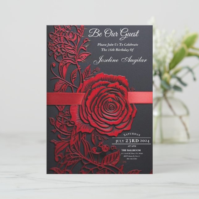 Schönheit und das Biest süß 16 Rote Rosen Einladung (Stehend Vorderseite)