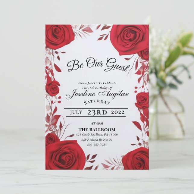 Schönheit und das Biest Sweet 16 Rose Einladungen (Stehend Vorderseite)