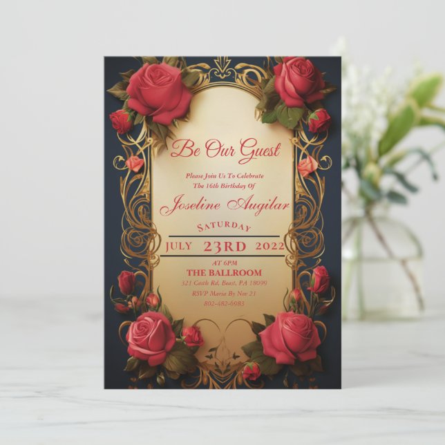 Schönheit und die Rose der Bestie Sweet 16 Einladu Einladung (Stehend Vorderseite)