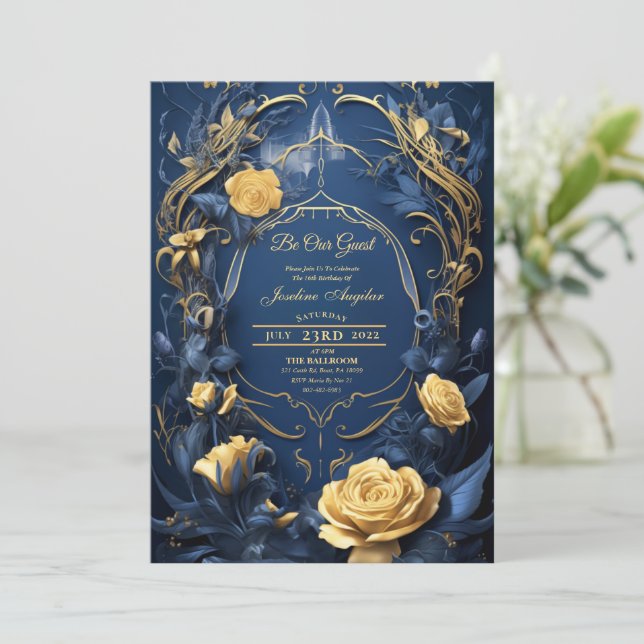 Schönheit und die Rose von Beast Gold Sweet 16 Ein Einladung (Stehend Vorderseite)