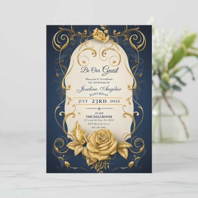 Schönheit und die Rose von Beast Gold Sweet 16 Ein Einladung (Stehend Vorderseite)