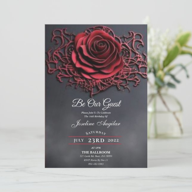 Schönheit und die Rote Rose der Bestie Gotik süß 1 Einladung (Stehend Vorderseite)