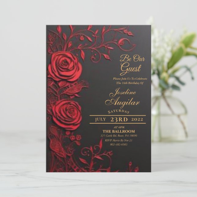 Schönheit und die Rote Rose der Bestie Sweet 16 Ei Einladung (Stehend Vorderseite)