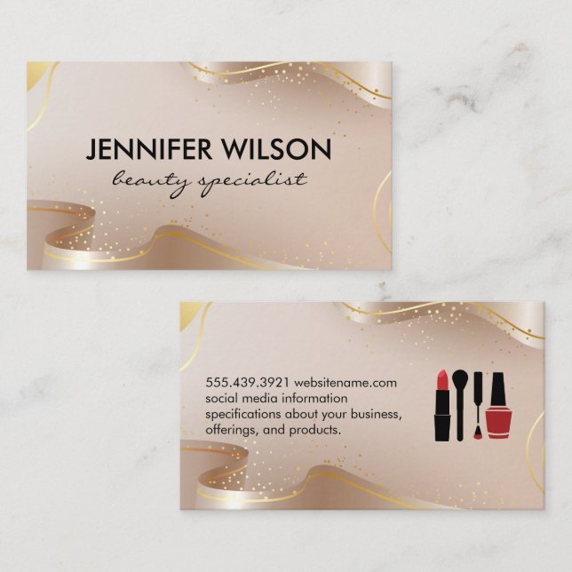Schönheit und Schminke | Gold Beige Ribbon Visitenkarte (Vorne/Hinten)