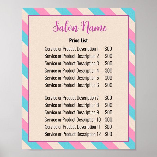 Schönheitssalon Pink Beige Blauer Streifen Preisli Poster (Vorne)