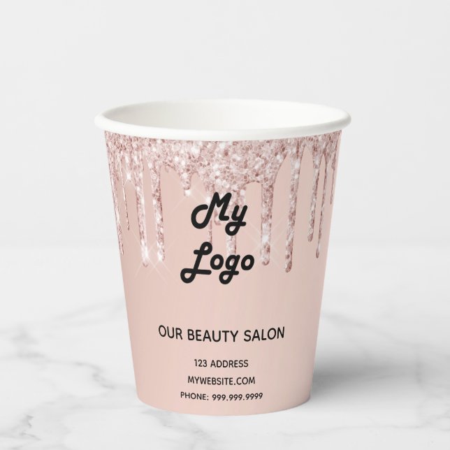 Schönheitssalon Rose Gold Glitzer Firmenlogo Pappbecher (Vorderseite)