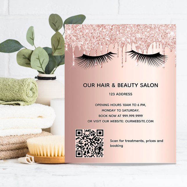 Schönheitssalon Rose Gold Glitzer Makeup QR-Code Flyer (Von Creator hochgeladen)