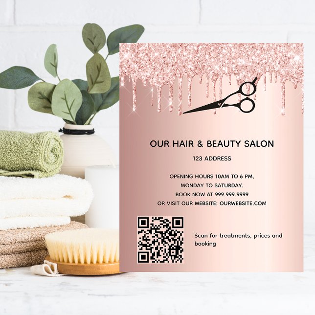 Schönheitssalon Rose Gold Glitzer Preis QR-Code Flyer (Von Creator hochgeladen)