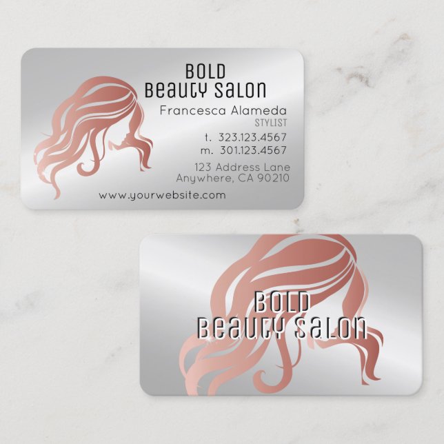 Schönheitssalon Stylist Metallisches Silber und Ro Visitenkarte (Vorne/Hinten)