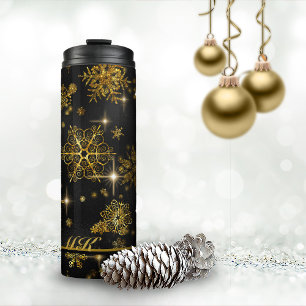 Schönstes Schneeflocken-Muster Schwarz/Gold ID846 Thermosbecher