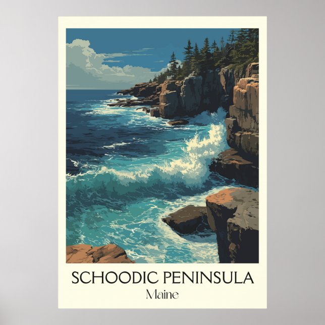 Schoodic Halbinsel ME Vintage Küstenwellen Kunst Poster (Vorne)