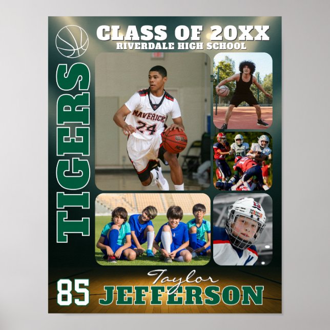 School Basketball Player Custom Name Photo Collage Poster (Vorne)