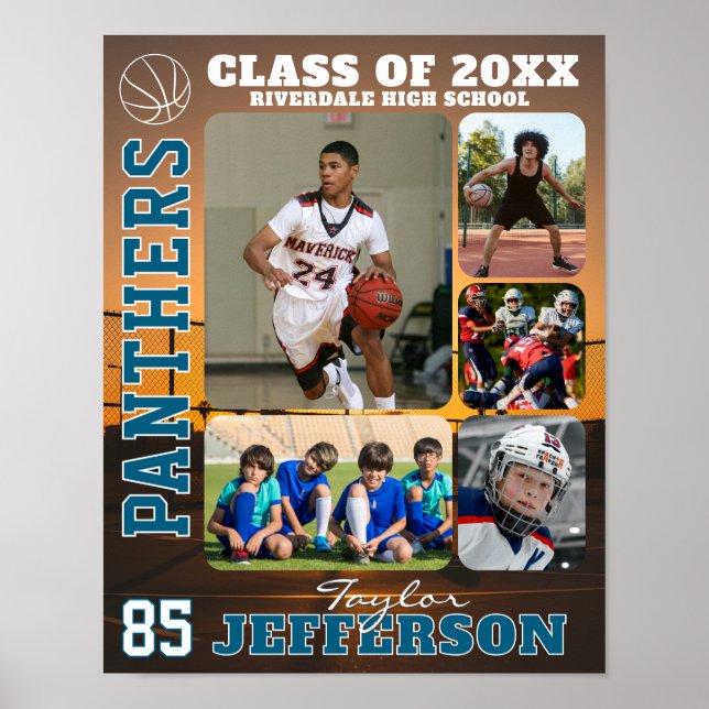 School Basketball Team Custom Name Photo Collage Poster (Vorne)