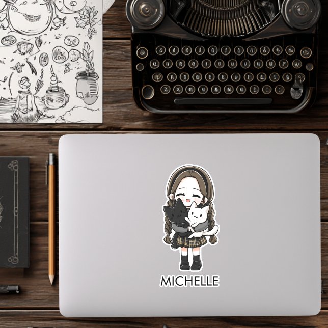 School Girl & Cats Cute Anime Cartoon Personalized Aufkleber (Von Creator hochgeladen)