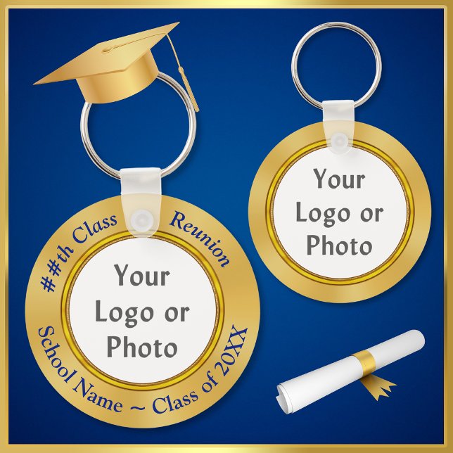School LOGO, FOTO, TEXT Class Wiedersehen Geschenk Schlüsselanhänger (Blue Gold, Class Reunion Party Favors with School Photo or Logo. Inexpensive Class Reunion Gifts.   )