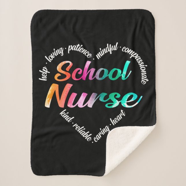 School Nurve Herz Word Cloud Watercolor Regenbogen Sherpadecke (Vorderseite)