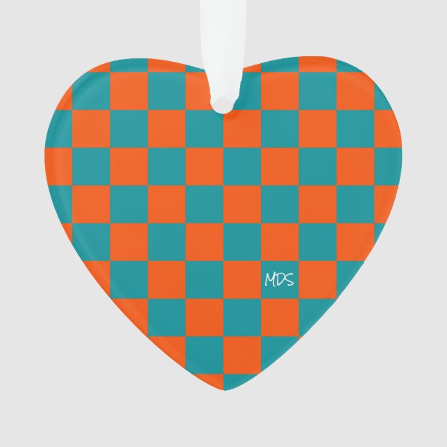 School Sports Checkboard INITIALS Orange Blue Ornament (Vorderseite)