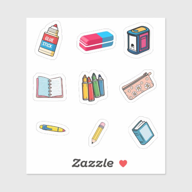 School Supplies Sticker Pack - Cartoon Illustratio (Blatt)