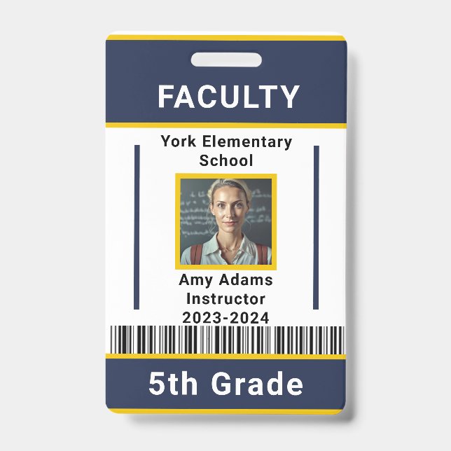 School Teacher ID Badge Template With Barcode Blue Ausweis (Vorderseite)