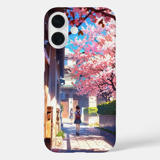 Schoolyard im Frühling - Nostalgische Anime-Szene iPhone 16 Hülle (Rückseite)