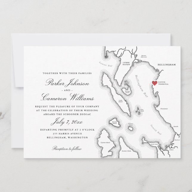 Schooner Zodiac Bellingham Bay WA Map Wedding Einladung (Vorderseite)
