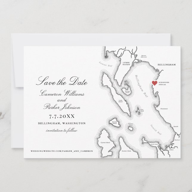 Schooner Zodiac Bellingham Bay WA Map Wedding Save The Date (Vorderseite)