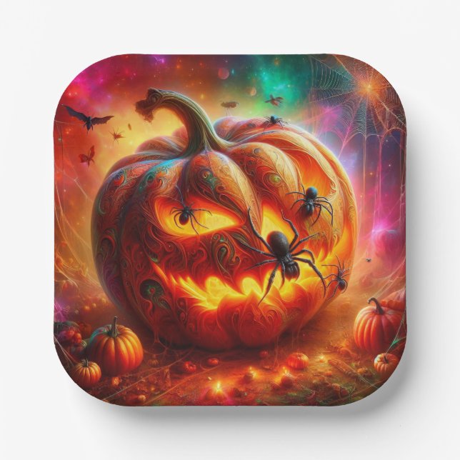 Schöpferische Jack-o-Laterne und Spinnen Pappteller (Vorderseite)