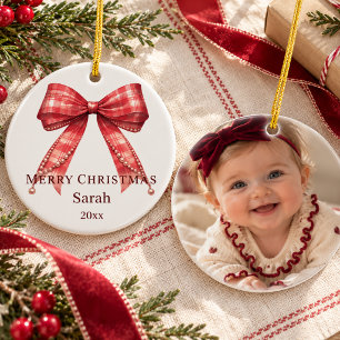 Schottisch roter Tartan-Schleifen-Foto Keramik Ornament