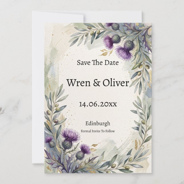 Schottische Distel Olive Botanisch Save The Date (Vorderseite)