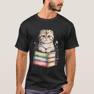 Schottische Fold-Katze Bücher Blumen Buchlesen Cou T-Shirt