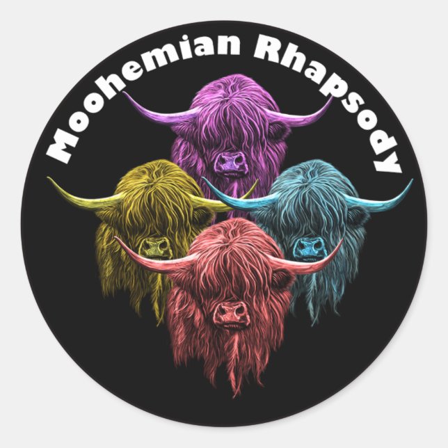 Schottische Highland Cow. Moohemian Rhapsody Runder Aufkleber (Vorderseite)