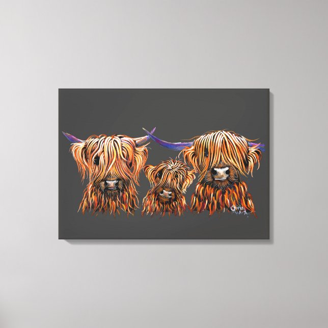 Schottische Highland Cows ' Die Mandarinen auf Gra Leinwanddruck (Vorderseite)
