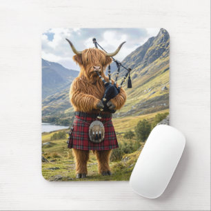 Schottische Highland-Kuh spielt auf den Dudelsäcke Mousepad