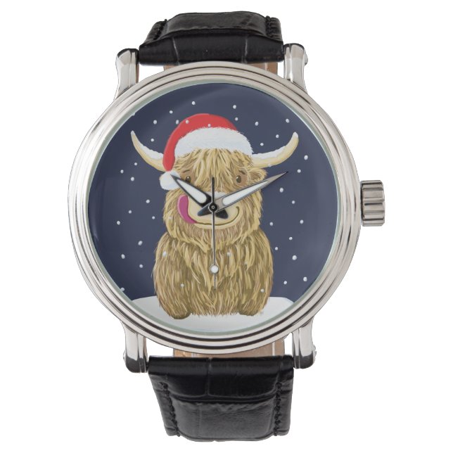 Schottische Hochlandkuh im Weihnachtsschnee Armbanduhr (Vorderseite)