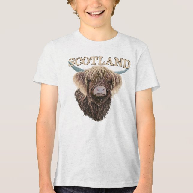 Schottische Hochlandkuh mit schottischem Slogan Tri-Blend Shirt (Vorderseite)