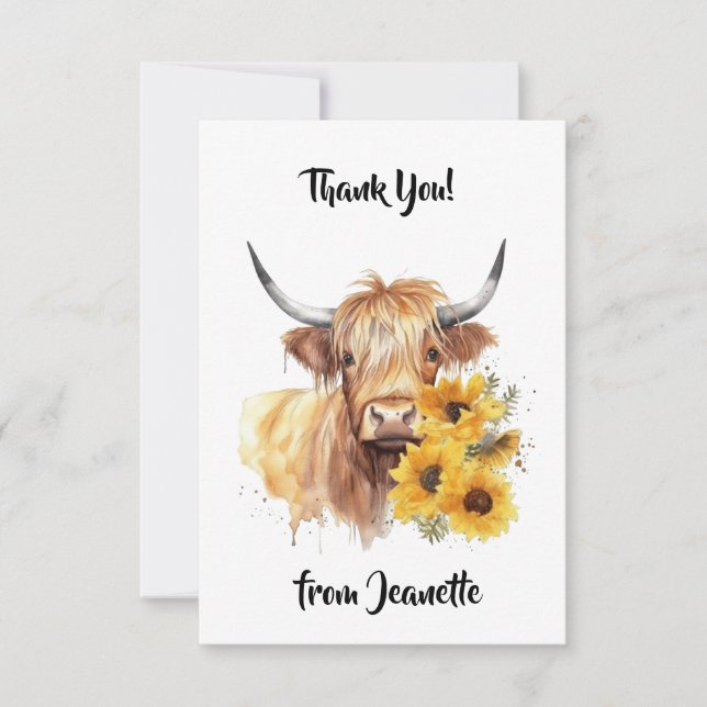 Schottische Hochlandkuh mit Sonnenblumen. bearbeit Dankeskarte (Vorderseite)
