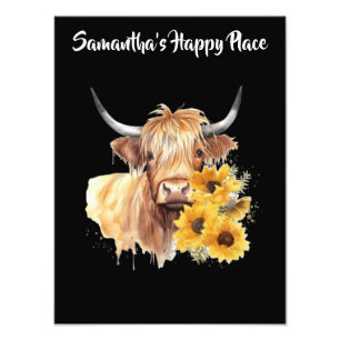 Schottische Hochlandkuh mit Sonnenblumen. bearbeit Fotodruck