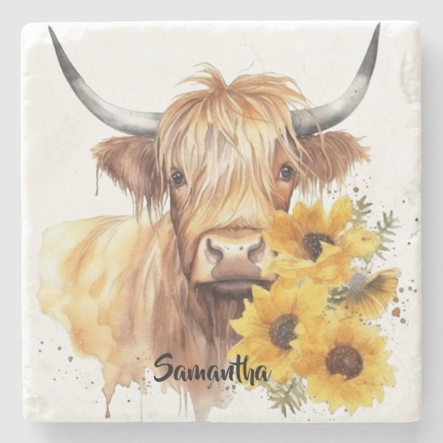 Schottische Hochlandkuh mit Sonnenblumen. bearbeit Steinuntersetzer (Vorderseite)
