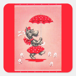 Schottische Hundedame mit Regenschirm Quadratischer Aufkleber